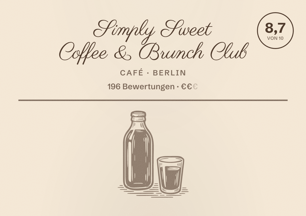 Illustriertes Poster von Simply Sweet Coffee & Brunch Club, Café in Berlin: Bewertung 8,7 von 10 aus 196 Bewertungen, Preisniveau €€
