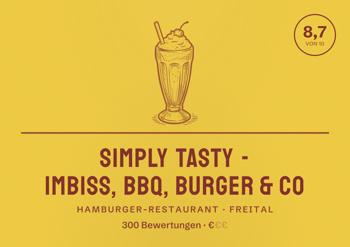 Illustriertes Poster von Simply tasty - Imbiss, BBQ, Burger & Co, Hamburger-Restaurant in Freital: Bewertung 8,7 von 10 aus 300 Bewertungen, Preisniveau €