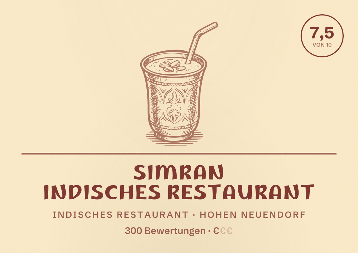 Illustriertes Poster von Simran Indisches Restaurant, Indisches Restaurant in Hohen Neuendorf: Bewertung 7,5 von 10 aus 300 Bewertungen, Preisniveau €