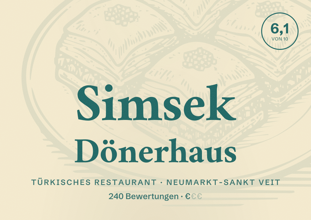 Illustriertes Poster von Simsek Dönerhaus, Türkisches Restaurant in Neumarkt-Sankt Veit: Bewertung 6,1 von 10 aus 240 Bewertungen, Preisniveau €