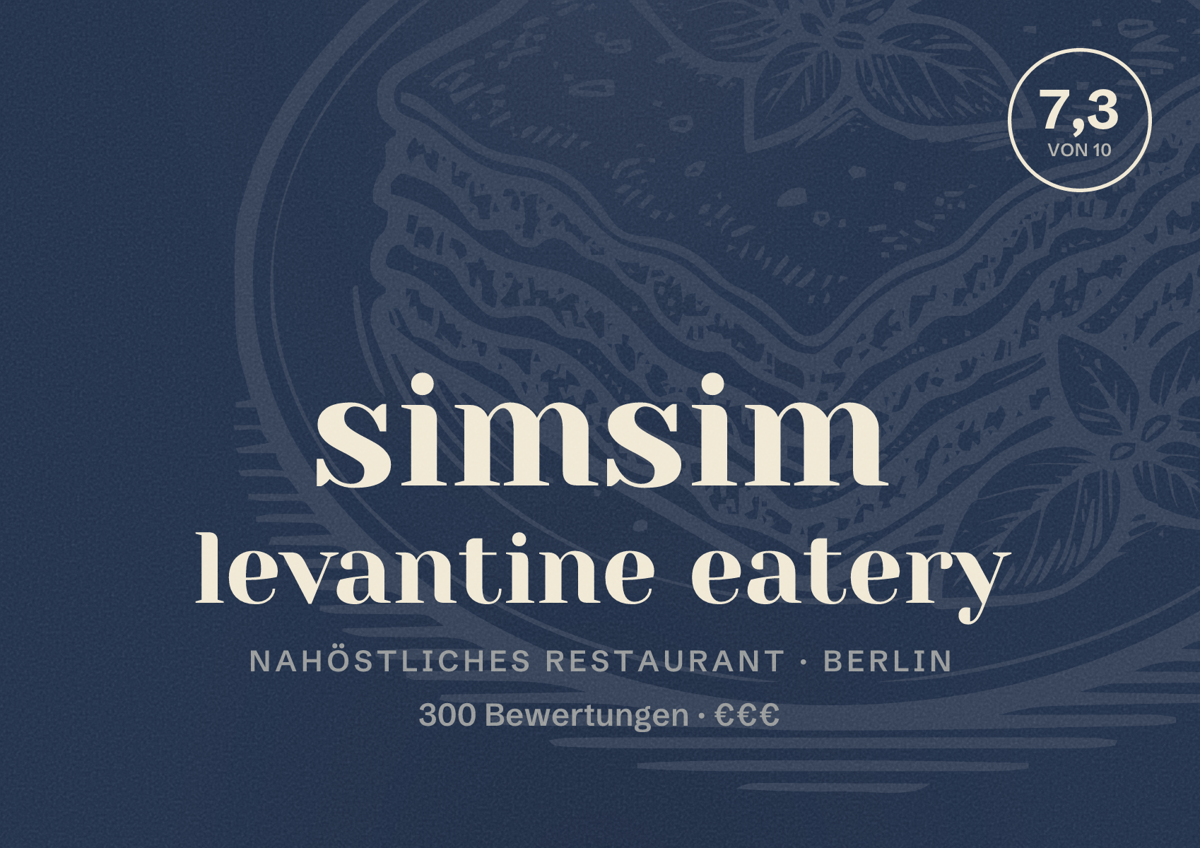 Illustriertes Poster von simsim levantine eatery, Nahöstliches Restaurant in Berlin: Bewertung 7,3 von 10 aus 300 Bewertungen, Preisniveau €€€