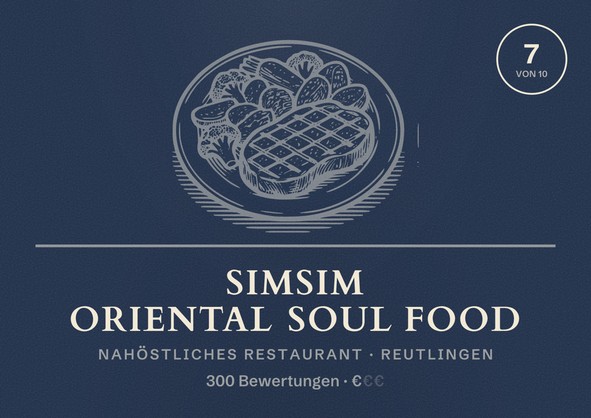 Illustriertes Poster von SimSim Oriental Soul Food, Nahöstliches Restaurant in Reutlingen: Bewertung 7 von 10 aus 300 Bewertungen, Preisniveau €