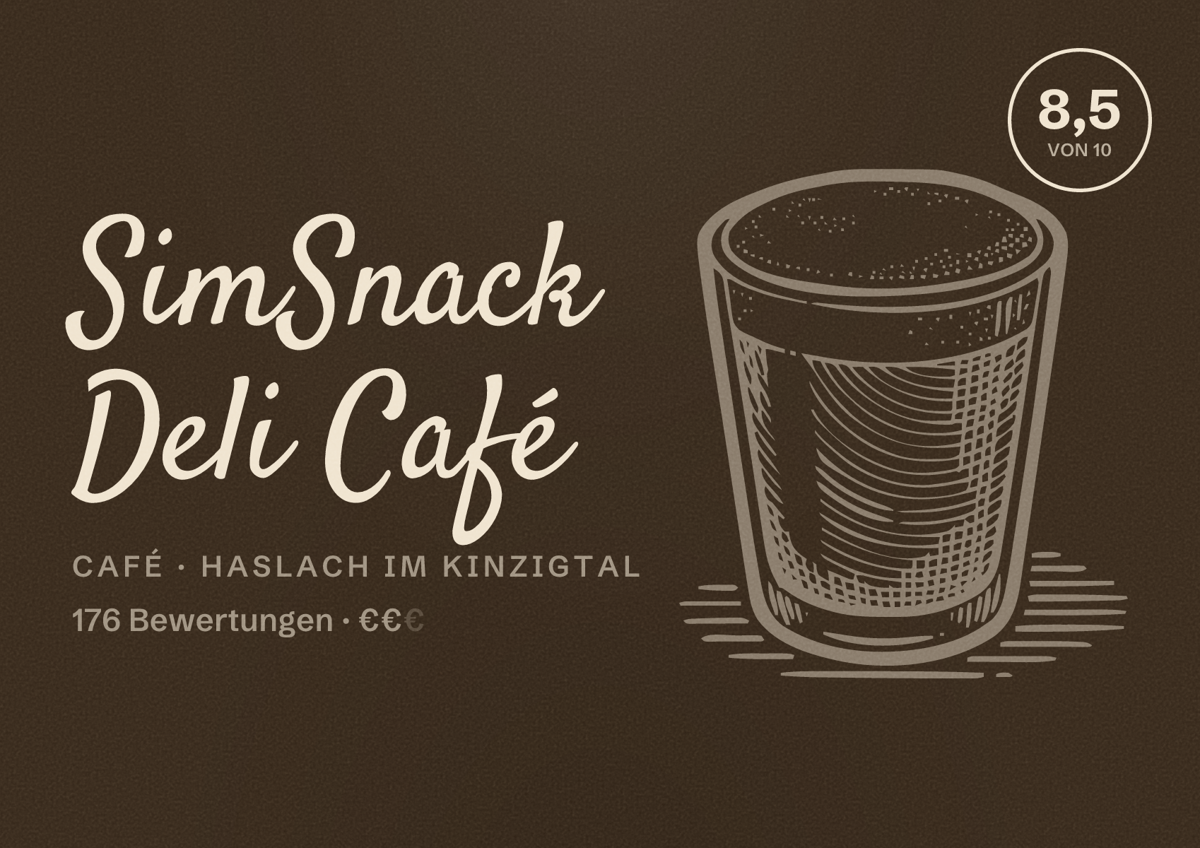 Illustriertes Poster von SimSnack Deli Café, Café in Haslach im Kinzigtal: Bewertung 8,5 von 10 aus 176 Bewertungen, Preisniveau €€