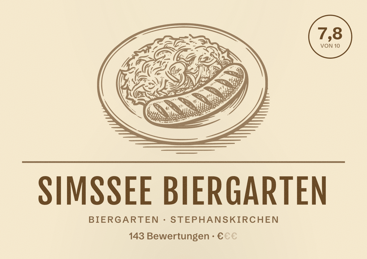 Illustriertes Poster von Simssee Biergarten, Biergarten in Stephanskirchen: Bewertung 7,8 von 10 aus 143 Bewertungen, Preisniveau €