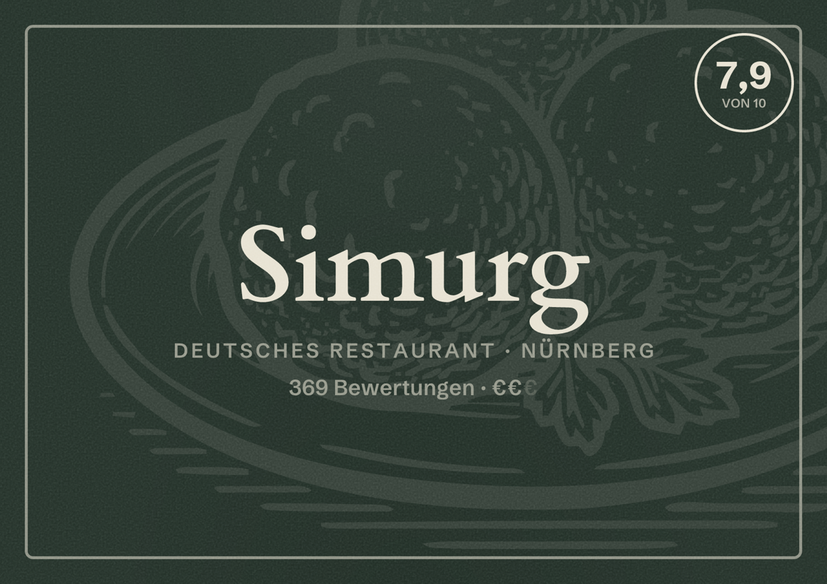 Illustriertes Poster von Simurg, Deutsches Restaurant in Nürnberg: Bewertung 7,9 von 10 aus 369 Bewertungen, Preisniveau €€