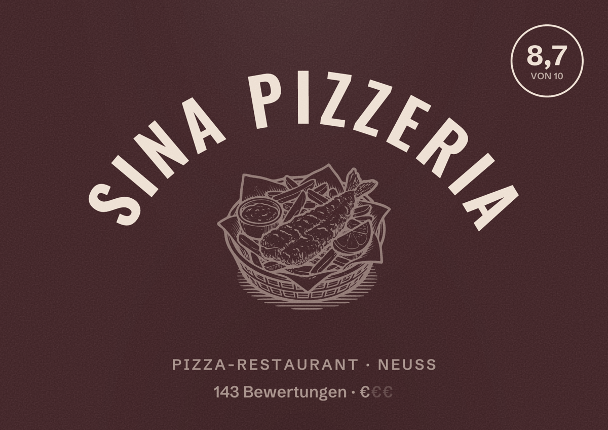 Illustriertes Poster von Sina Pizzeria, Pizza-Restaurant in Neuss: Bewertung 8,7 von 10 aus 143 Bewertungen, Preisniveau €