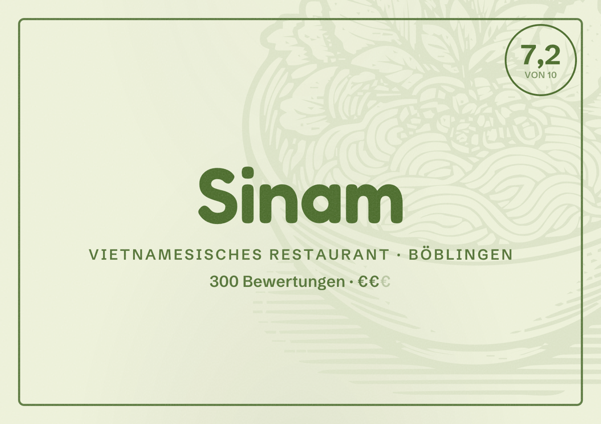 Illustriertes Poster von Sinam, Vietnamesisches Restaurant in Böblingen: Bewertung 7,2 von 10 aus 300 Bewertungen, Preisniveau €€