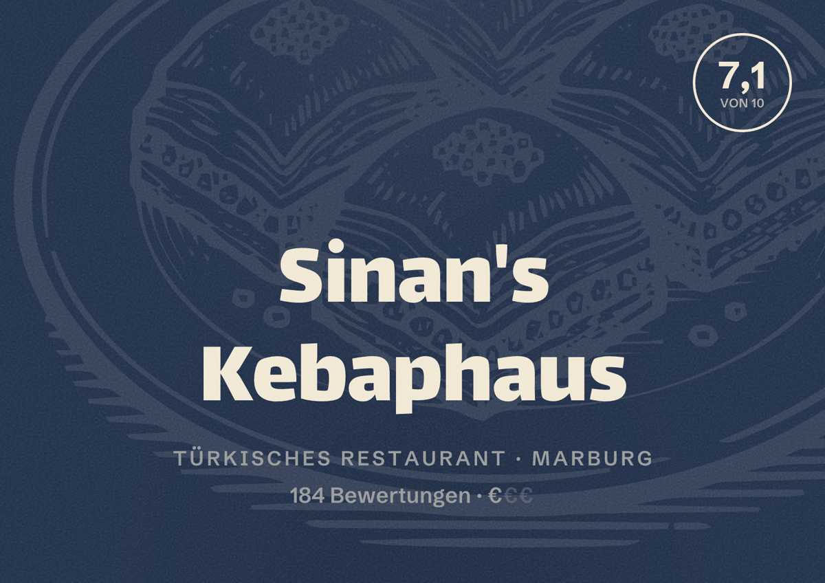 Illustriertes Poster von Sinan's Kebaphaus, Türkisches Restaurant in Marburg: Bewertung 7,1 von 10 aus 184 Bewertungen, Preisniveau €