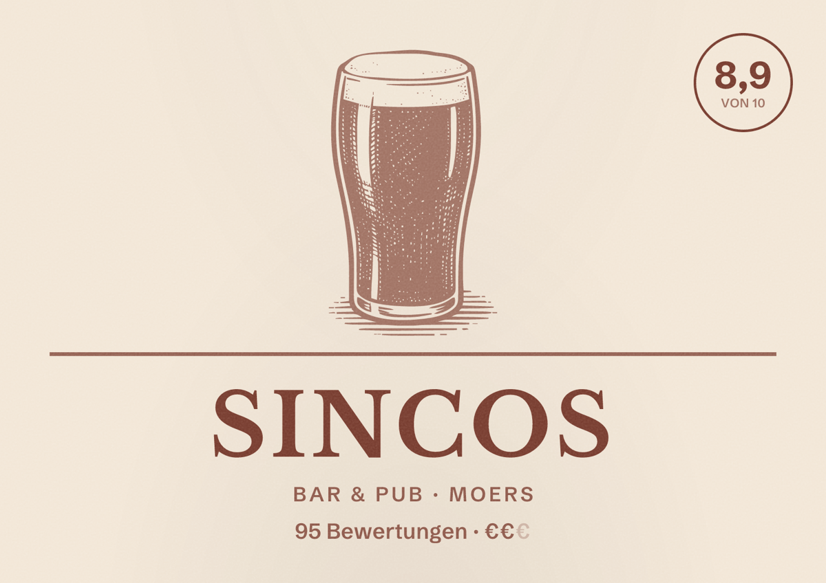 Illustriertes Poster von Sincos, Bar & Pub in Moers: Bewertung 8,9 von 10 aus 95 Bewertungen, Preisniveau €€
