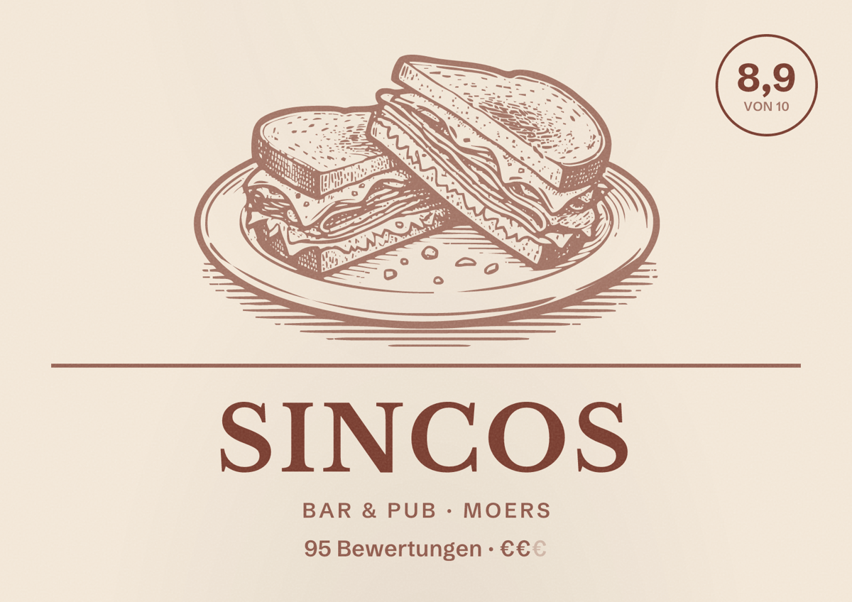 Illustriertes Poster von Sincos, Bar & Pub in Moers: Bewertung 8,9 von 10 aus 95 Bewertungen, Preisniveau €€
