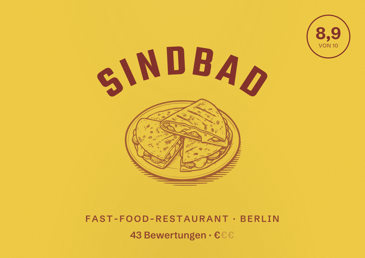 Illustriertes Poster von Sindbad, Fast-Food-Restaurant in Berlin: Bewertung 8,9 von 10 aus 43 Bewertungen, Preisniveau €
