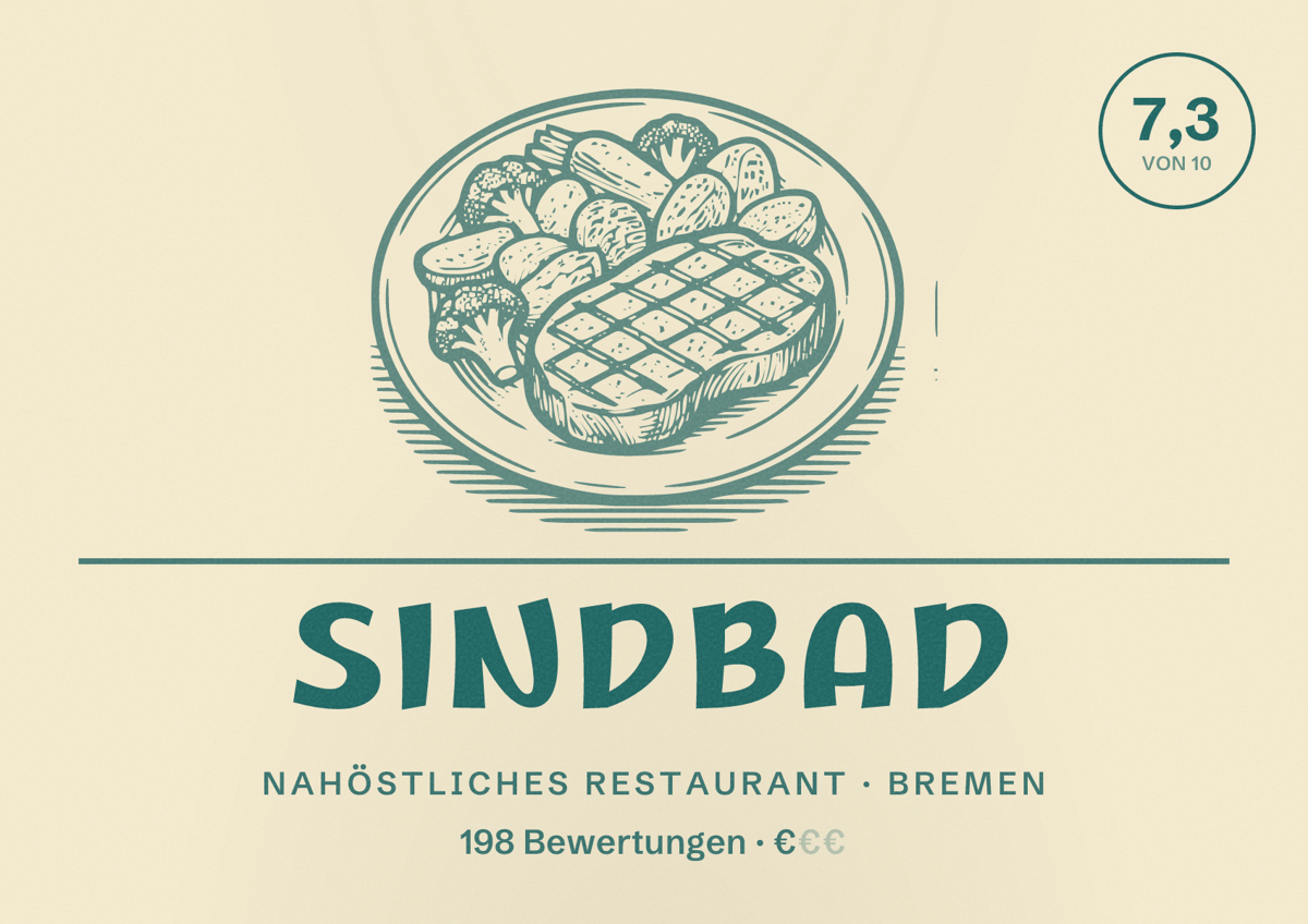 Illustriertes Poster von Sindbad, Nahöstliches Restaurant in Bremen: Bewertung 7,3 von 10 aus 198 Bewertungen, Preisniveau €