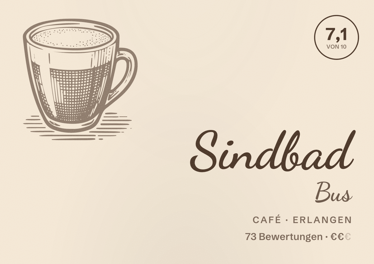 Illustriertes Poster von Sindbad Bus, Café in Erlangen: Bewertung 7,1 von 10 aus 73 Bewertungen, Preisniveau €€