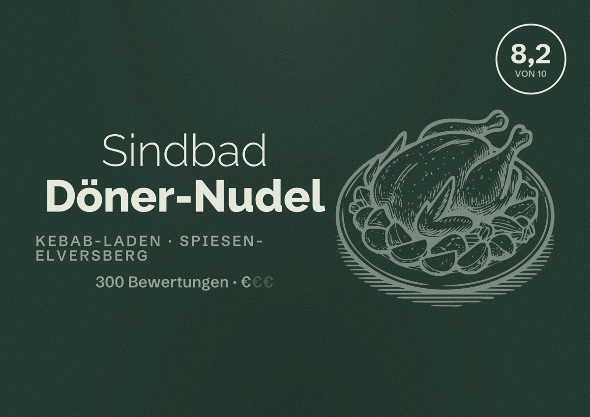 Illustriertes Poster von Sindbad Döner-Nudel, Kebab-Laden in Spiesen-Elversberg: Bewertung 8,2 von 10 aus 300 Bewertungen, Preisniveau €