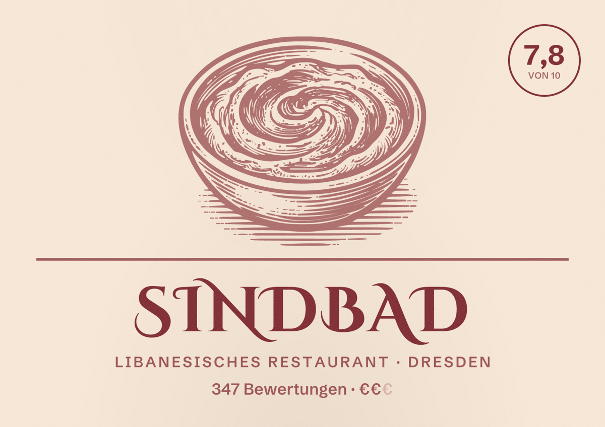 Illustriertes Poster von Sindbad, Libanesisches Restaurant in Dresden: Bewertung 7,8 von 10 aus 347 Bewertungen, Preisniveau €€