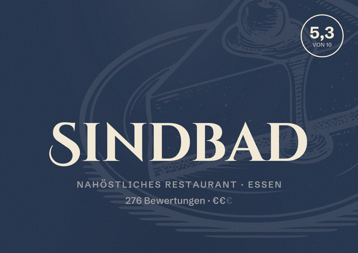 Illustriertes Poster von Sindbad, Nahöstliches Restaurant in Essen: Bewertung 5,3 von 10 aus 276 Bewertungen, Preisniveau €€
