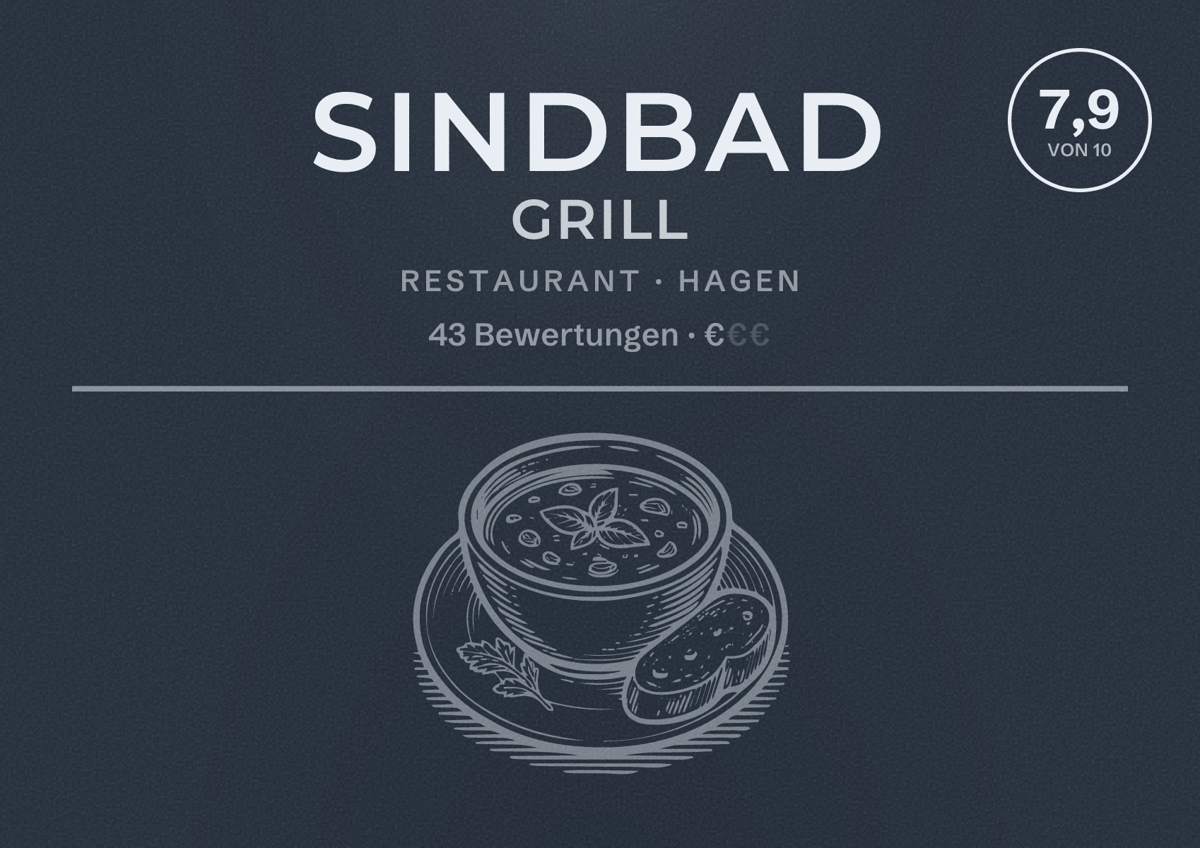 Illustriertes Poster von Sindbad Grill, Restaurant in Hagen: Bewertung 7,9 von 10 aus 43 Bewertungen, Preisniveau €