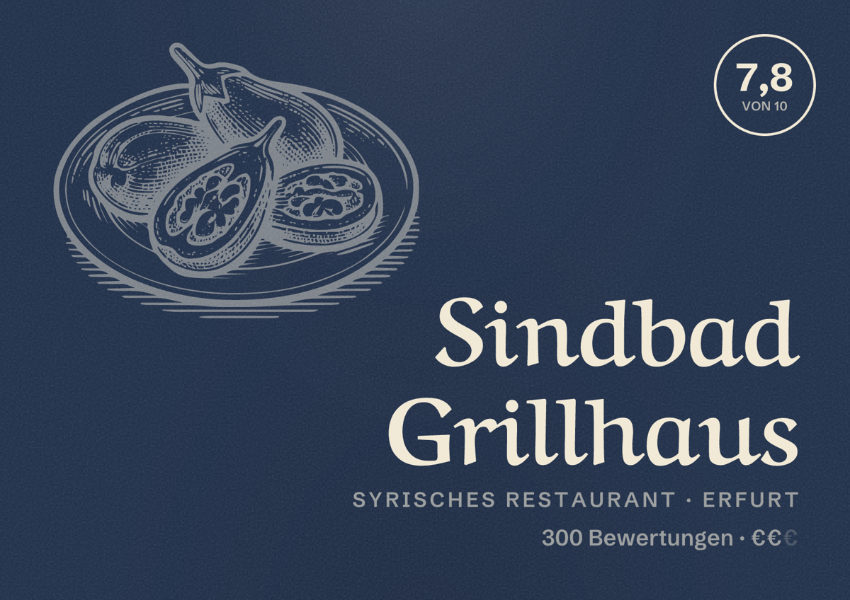 Illustriertes Poster von Sindbad Grillhaus, Syrisches Restaurant in Erfurt: Bewertung 7,8 von 10 aus 300 Bewertungen, Preisniveau €€