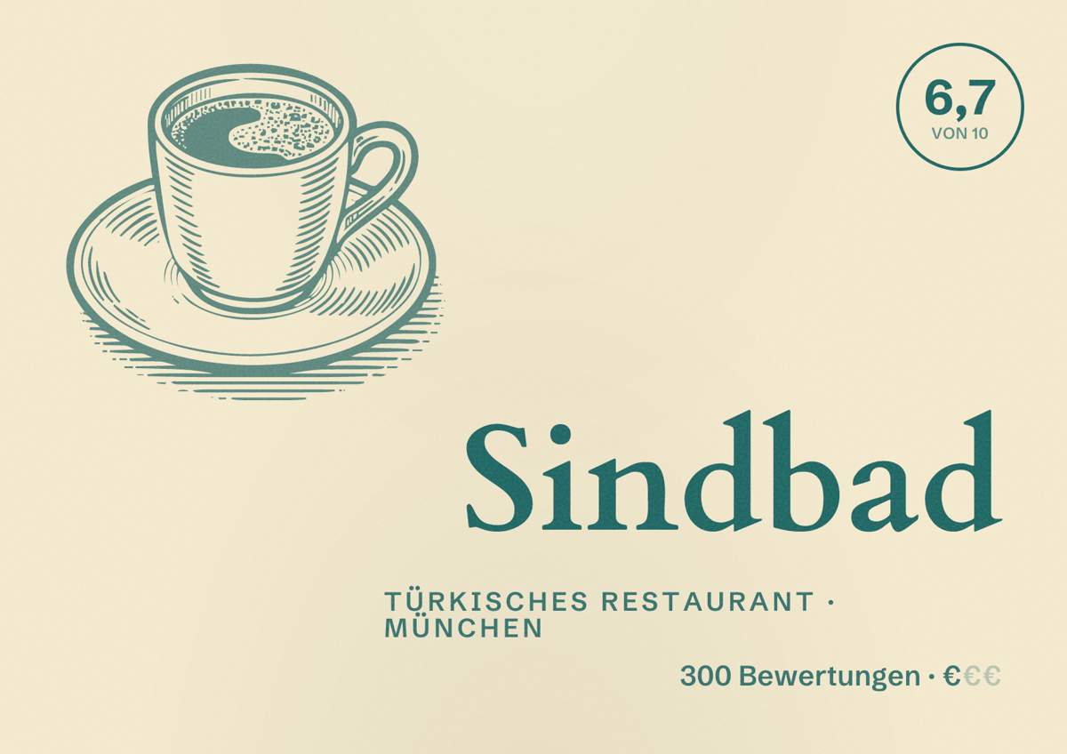 Illustriertes Poster von Sindbad, Türkisches Restaurant in München: Bewertung 6,7 von 10 aus 300 Bewertungen, Preisniveau €