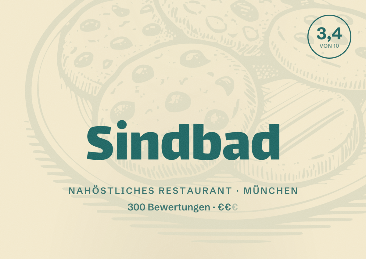 Illustriertes Poster von Sindbad, Nahöstliches Restaurant in München: Bewertung 3,4 von 10 aus 300 Bewertungen, Preisniveau €€