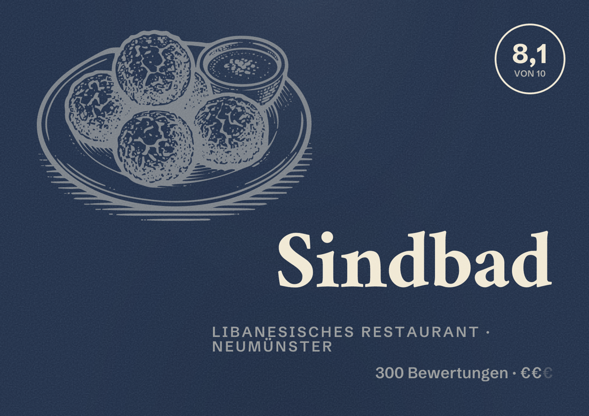 Illustriertes Poster von Sindbad, Libanesisches Restaurant in Neumünster: Bewertung 8,1 von 10 aus 300 Bewertungen, Preisniveau €€