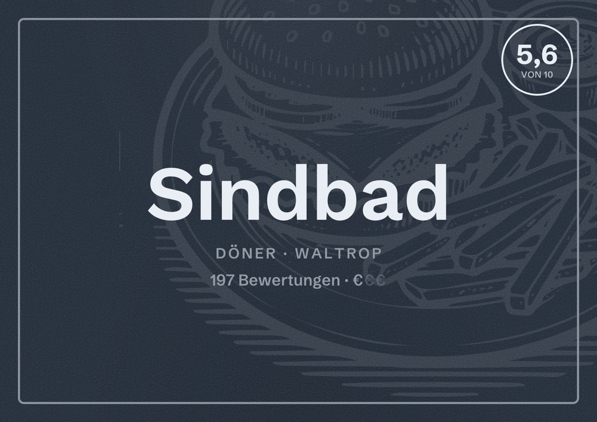 Illustriertes Poster von Sindbad, Döner in Waltrop: Bewertung 5,6 von 10 aus 197 Bewertungen, Preisniveau €
