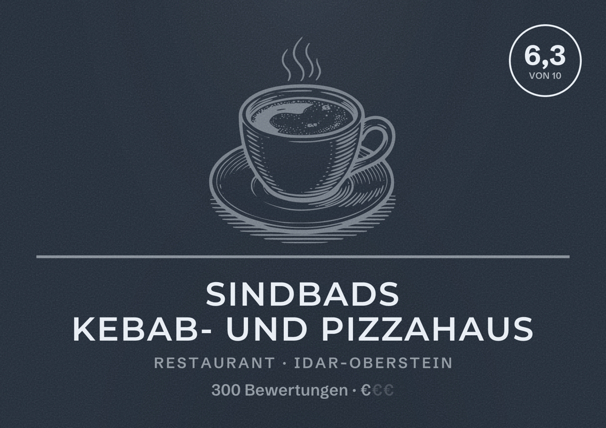 Illustriertes Poster von Sindbads Kebab- und Pizzahaus, Restaurant in Idar-Oberstein: Bewertung 6,3 von 10 aus 300 Bewertungen, Preisniveau €