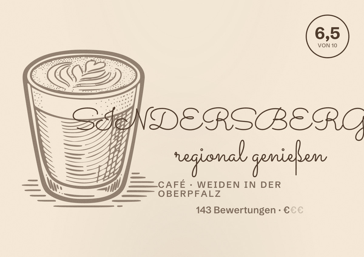 Illustriertes Poster von SINDERSBERGER regional genießen, Café in Weiden in der Oberpfalz: Bewertung 6,5 von 10 aus 143 Bewertungen, Preisniveau €