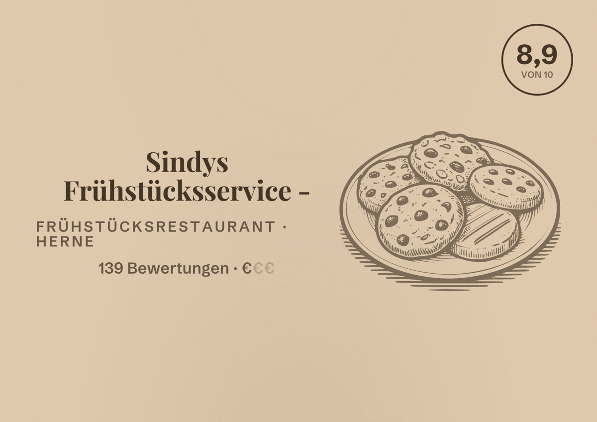 Illustriertes Poster von Sindys Frühstücksservice -, Frühstücksrestaurant in Herne: Bewertung 8,9 von 10 aus 139 Bewertungen, Preisniveau €