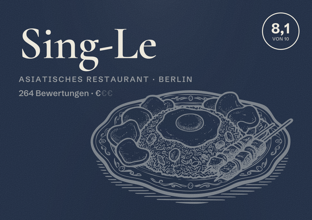 Illustriertes Poster von Sing-Le, Asiatisches Restaurant in Berlin: Bewertung 8,1 von 10 aus 264 Bewertungen, Preisniveau €