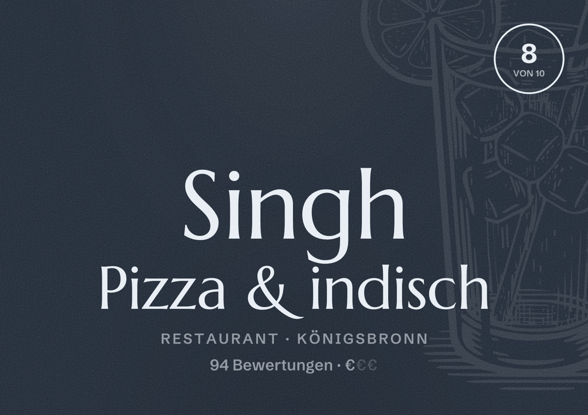Illustriertes Poster von Singh Pizza & indisch, Restaurant in Königsbronn: Bewertung 8 von 10 aus 94 Bewertungen, Preisniveau €