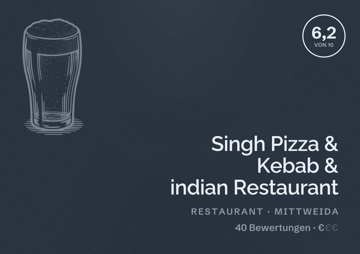 Illustriertes Poster von Singh Pizza & Kebab & indian Restaurant, Restaurant in Mittweida: Bewertung 6,2 von 10 aus 40 Bewertungen, Preisniveau €