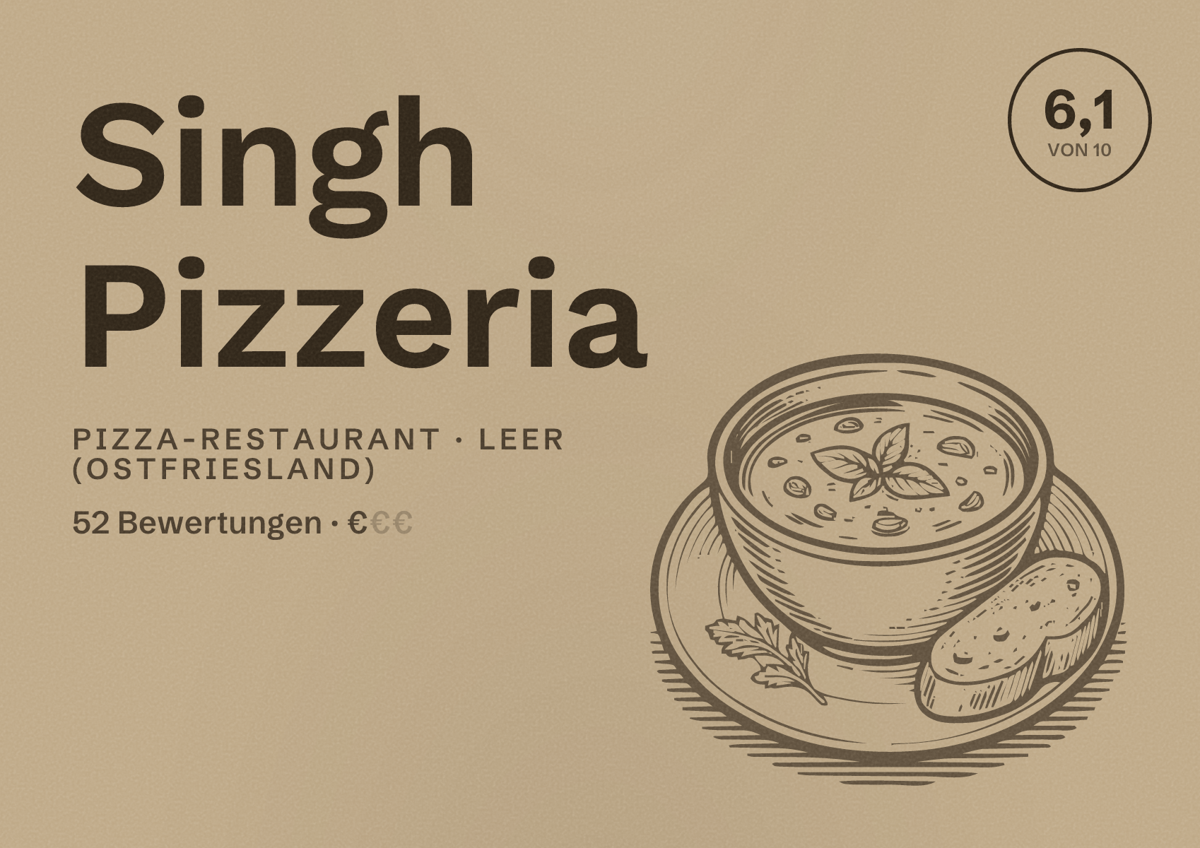 Illustriertes Poster von Singh Pizzeria, Pizza-Restaurant in Leer (Ostfriesland): Bewertung 6,1 von 10 aus 52 Bewertungen, Preisniveau €