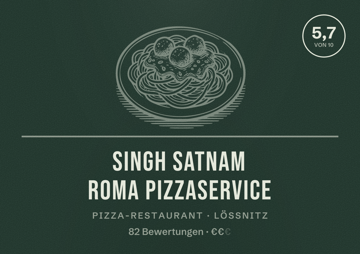 Illustriertes Poster von Singh Satnam Roma Pizzaservice, Pizza-Restaurant in Lößnitz: Bewertung 5,7 von 10 aus 82 Bewertungen, Preisniveau €€