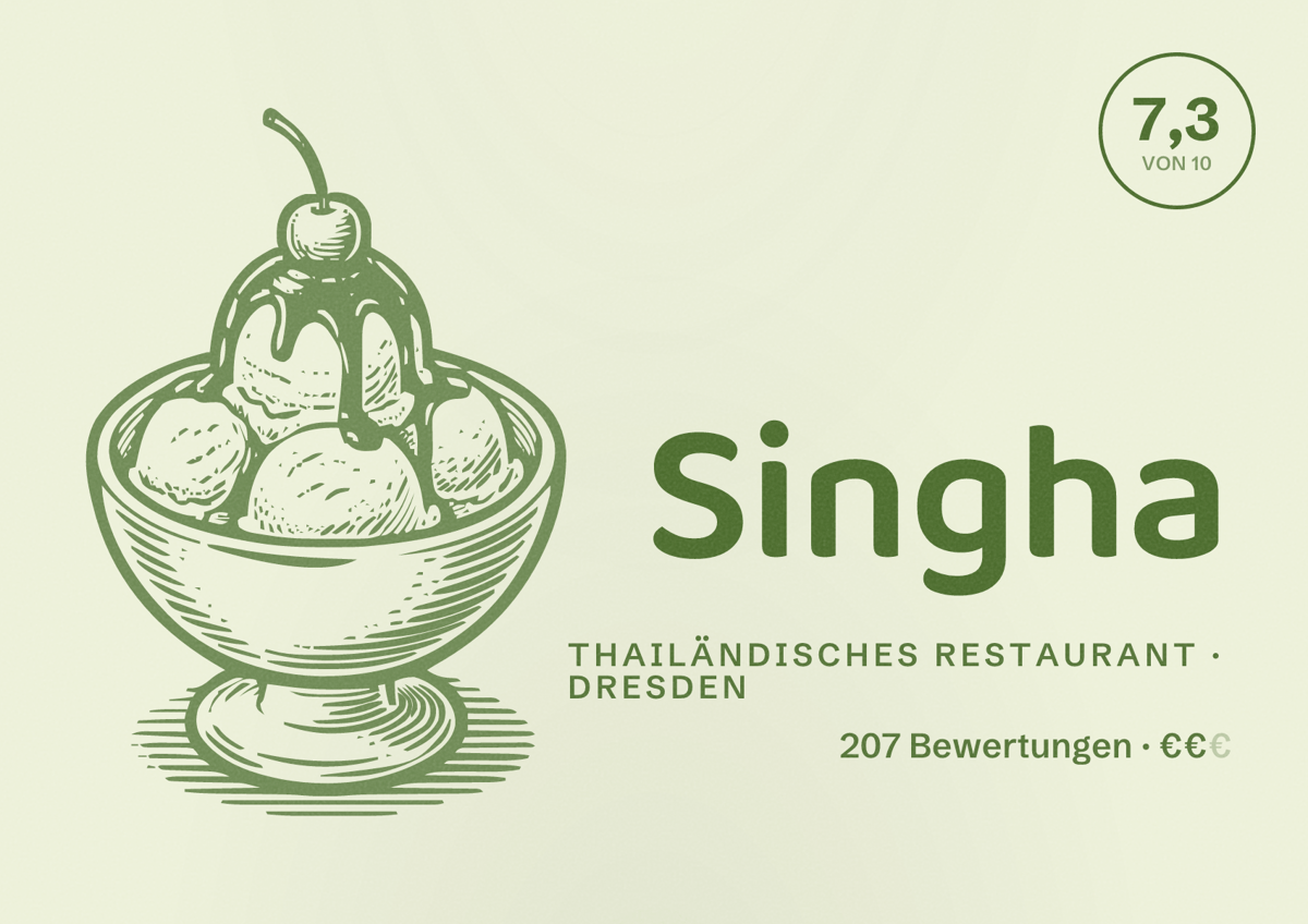 Illustriertes Poster von Singha, Thailändisches Restaurant in Dresden: Bewertung 7,3 von 10 aus 207 Bewertungen, Preisniveau €€