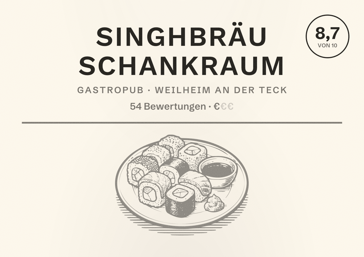 Illustriertes Poster von SinghBräu SCHANKRAUM, Gastropub in Weilheim an der Teck: Bewertung 8,7 von 10 aus 54 Bewertungen, Preisniveau €