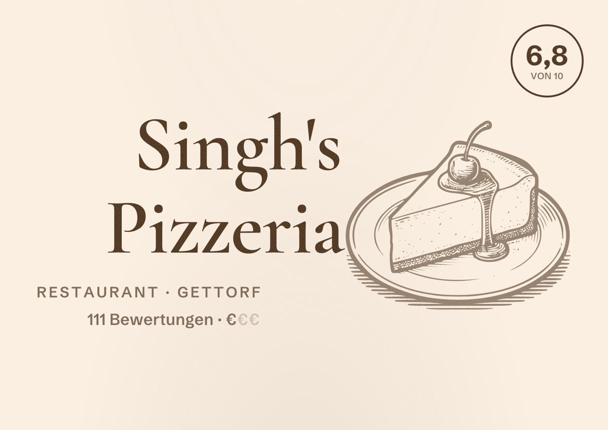 Illustriertes Poster von Singh's Pizzeria, Restaurant in Gettorf: Bewertung 6,8 von 10 aus 111 Bewertungen, Preisniveau €