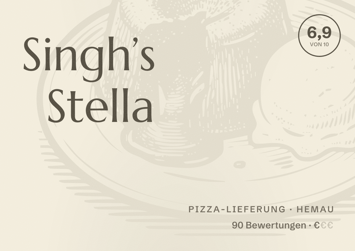 Illustriertes Poster von Singh’s Stella, Pizza-Lieferung in Hemau: Bewertung 6,9 von 10 aus 90 Bewertungen, Preisniveau €