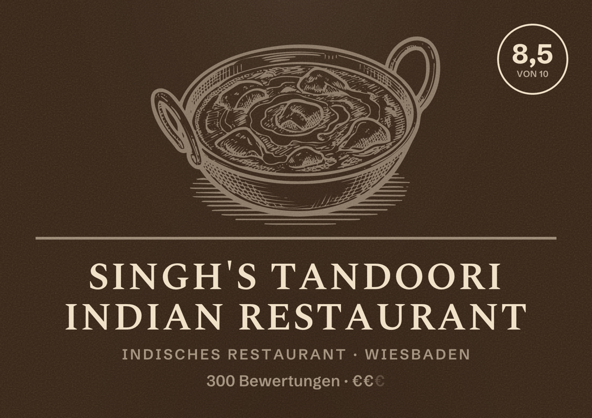 Illustriertes Poster von Singh's Tandoori Indian Restaurant, Indisches Restaurant in Wiesbaden: Bewertung 8,5 von 10 aus 300 Bewertungen, Preisniveau €€