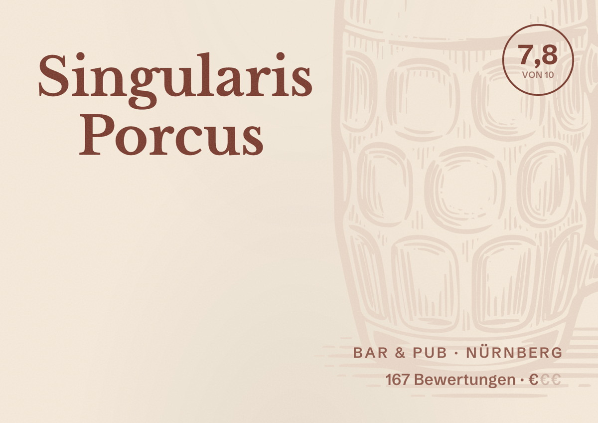 Illustriertes Poster von Singularis Porcus, Bar & Pub in Nürnberg: Bewertung 7,8 von 10 aus 167 Bewertungen, Preisniveau €