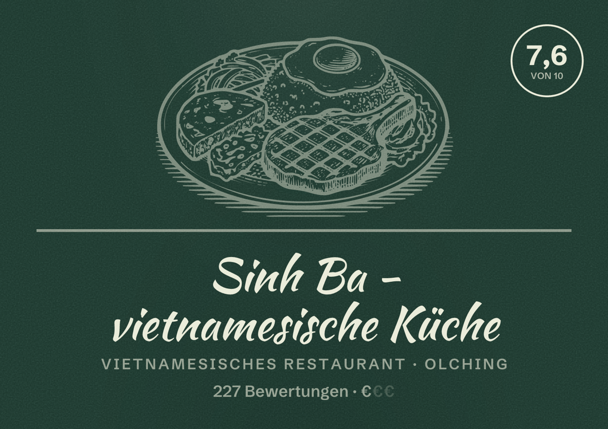 Illustriertes Poster von Sinh Ba - vietnamesische Küche, Vietnamesisches Restaurant in Olching: Bewertung 7,6 von 10 aus 227 Bewertungen, Preisniveau €