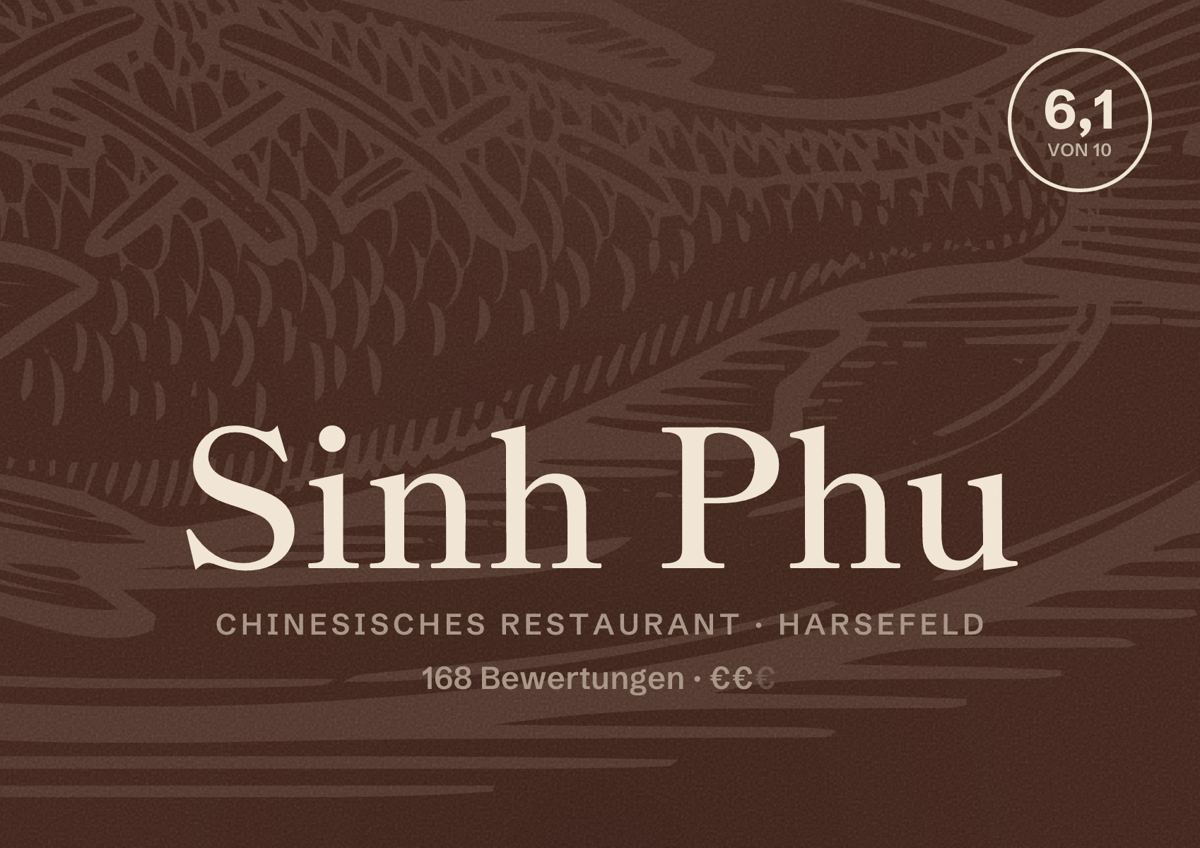 Illustriertes Poster von Sinh Phu, Chinesisches Restaurant in Harsefeld: Bewertung 6,1 von 10 aus 168 Bewertungen, Preisniveau €€