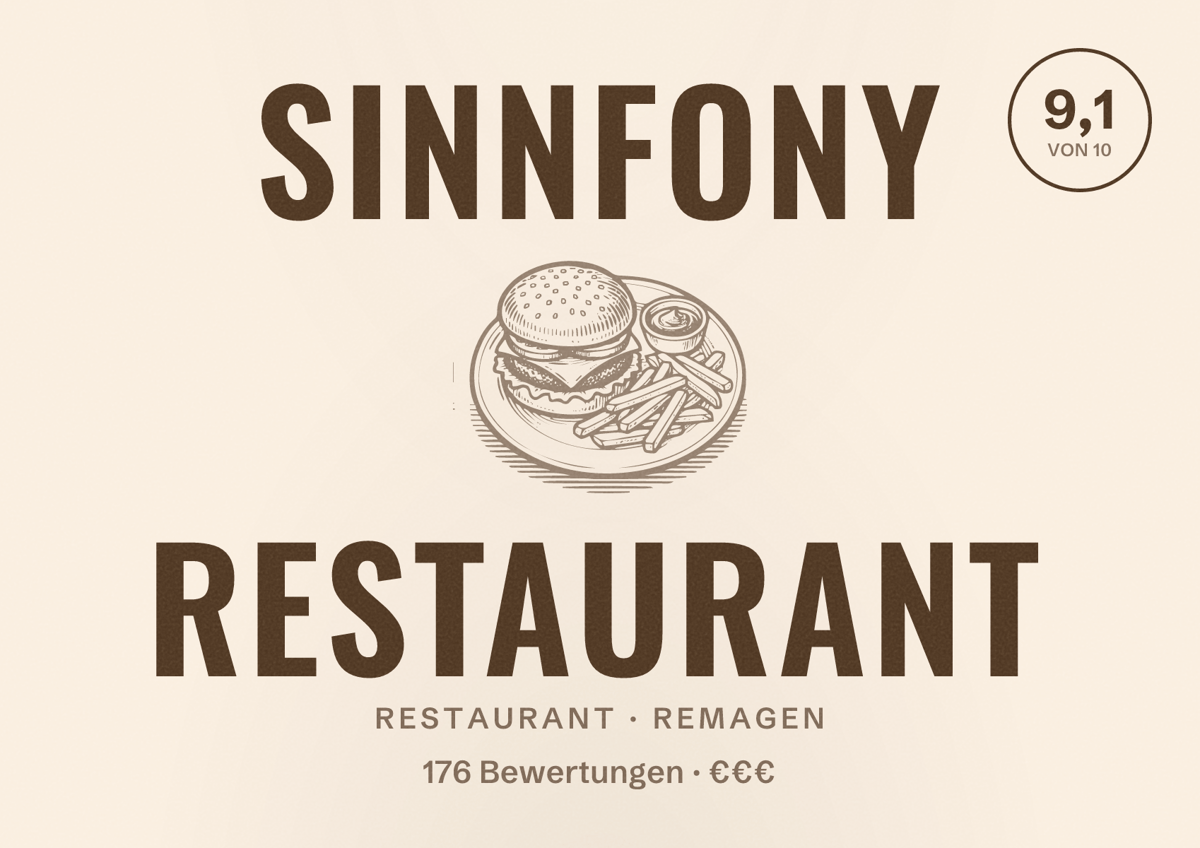 Illustriertes Poster von Sinnfony Restaurant, Restaurant in Remagen: Bewertung 9,1 von 10 aus 176 Bewertungen, Preisniveau €€€
