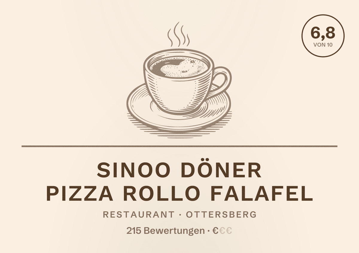 Illustriertes Poster von SINOO Döner Pizza Rollo Falafel, Restaurant in Ottersberg: Bewertung 6,8 von 10 aus 215 Bewertungen, Preisniveau €
