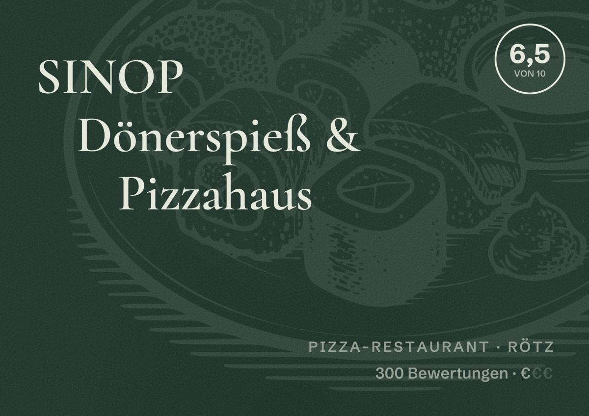 Illustriertes Poster von SINOP Dönerspieß & Pizzahaus, Pizza-Restaurant in Rötz: Bewertung 6,5 von 10 aus 300 Bewertungen, Preisniveau €