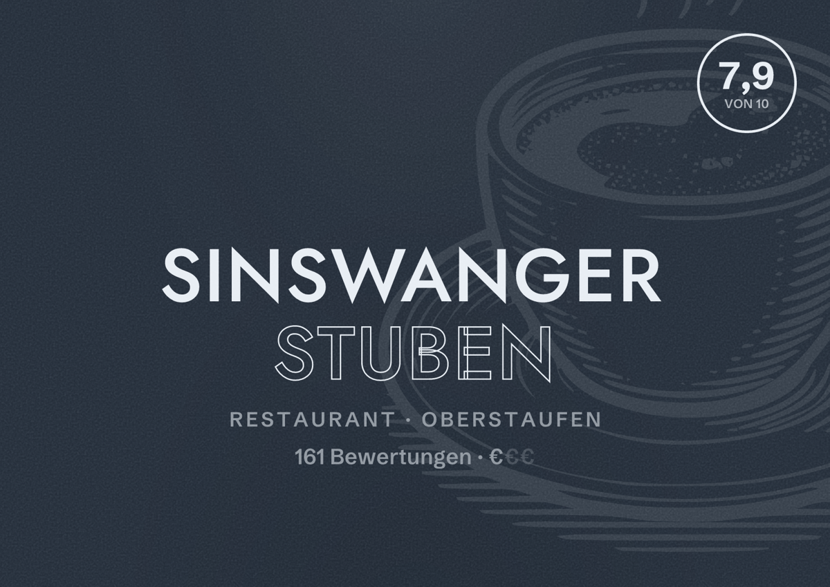 Illustriertes Poster von Sinswanger Stuben, Restaurant in Oberstaufen: Bewertung 7,9 von 10 aus 161 Bewertungen, Preisniveau €