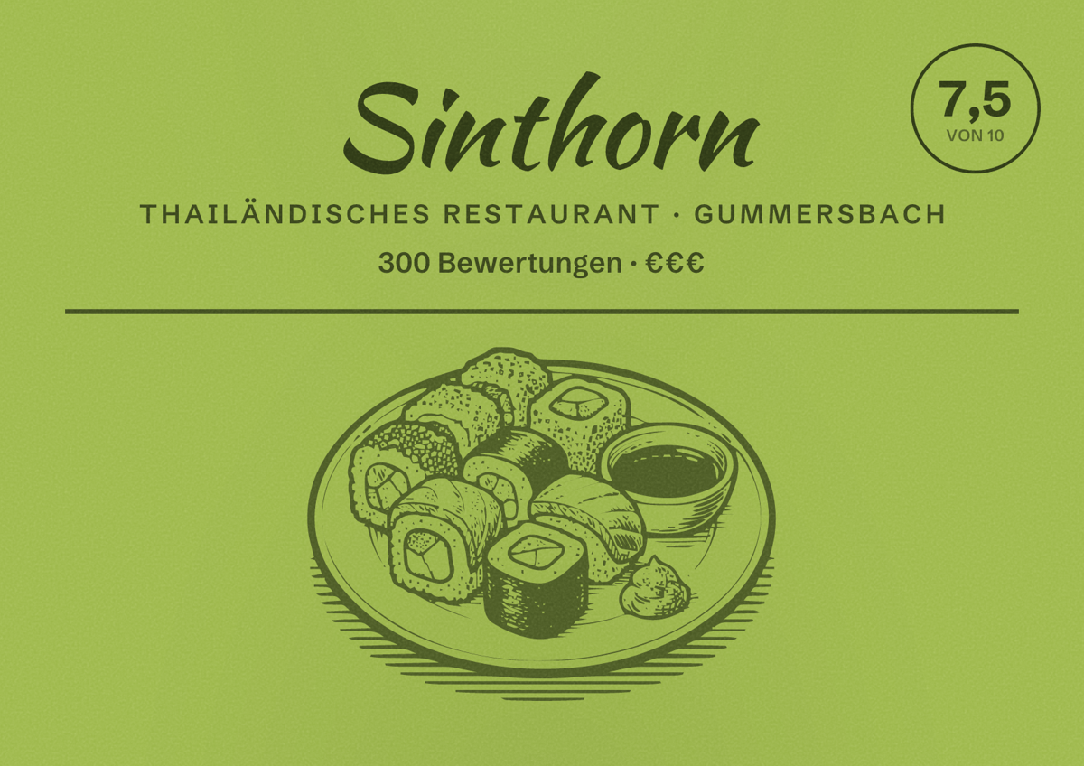 Illustriertes Poster von Sinthorn, Thailändisches Restaurant in Gummersbach: Bewertung 7,5 von 10 aus 300 Bewertungen, Preisniveau €€€