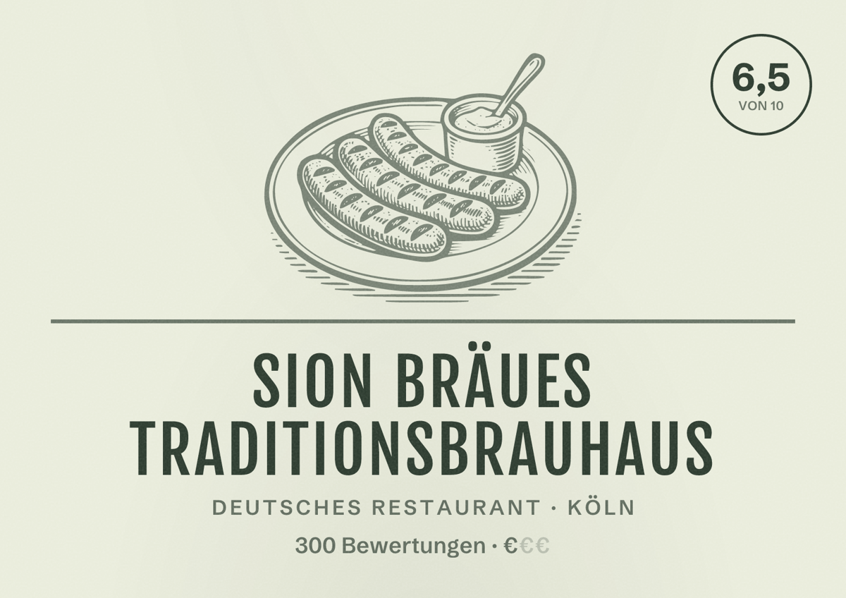 Illustriertes Poster von Sion Bräues Traditionsbrauhaus, Deutsches Restaurant in Köln: Bewertung 6,5 von 10 aus 300 Bewertungen, Preisniveau €