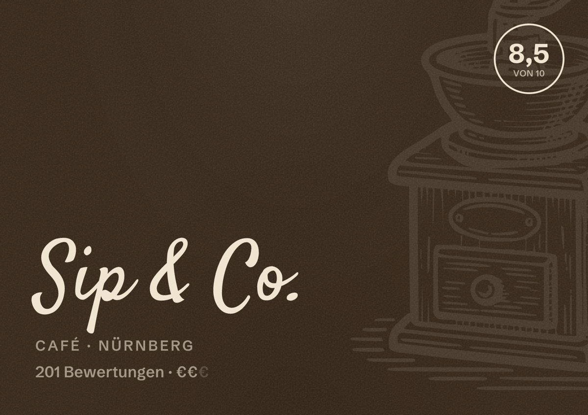 Illustriertes Poster von Sip & Co., Café in Nürnberg: Bewertung 8,5 von 10 aus 201 Bewertungen, Preisniveau €€