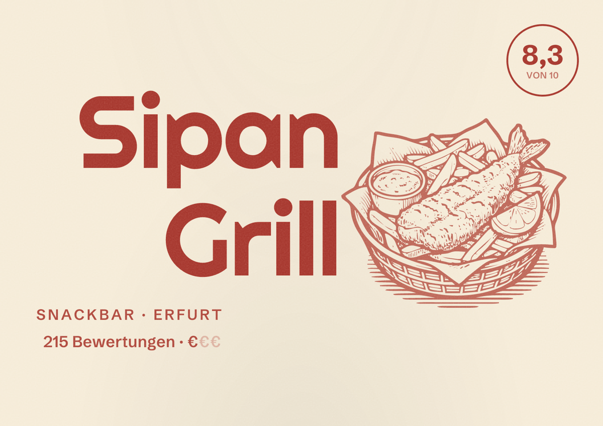 Illustriertes Poster von Sipan Grill, Snackbar in Erfurt: Bewertung 8,3 von 10 aus 215 Bewertungen, Preisniveau €